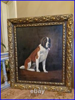 Peinture Ancienne, Huile Sur Toile Chien Saint Bernard Encadrée