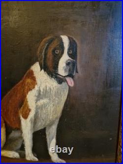 Peinture Ancienne, Huile Sur Toile Chien Saint Bernard Encadrée