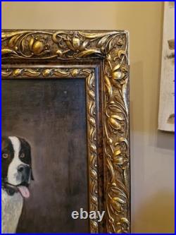 Peinture Ancienne, Huile Sur Toile Chien Saint Bernard Encadrée