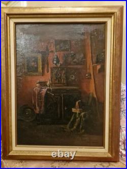 Peinture Ancienne, Huile Sur Toile Encadrée Représentant Une Scène D'intérieur