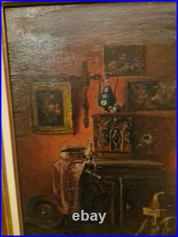 Peinture Ancienne, Huile Sur Toile Encadrée Représentant Une Scène D'intérieur