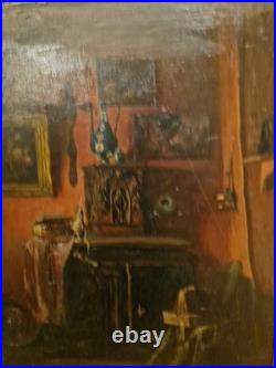 Peinture Ancienne, Huile Sur Toile Encadrée Représentant Une Scène D'intérieur