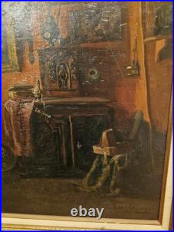 Peinture Ancienne, Huile Sur Toile Encadrée Représentant Une Scène D'intérieur