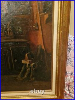 Peinture Ancienne, Huile Sur Toile Encadrée Représentant Une Scène D'intérieur