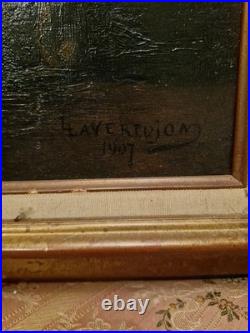 Peinture Ancienne, Huile Sur Toile Encadrée Représentant Une Scène D'intérieur