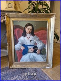 Peinture Ancienne, Huile Sur Toile Enfant Et sa Poupée XIX Ème S