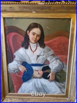 Peinture Ancienne, Huile Sur Toile Enfant Et sa Poupée XIX Ème S Peinture Ancienne, Huile Sur Toile Enfant Et sa Poupée XIX Ème S