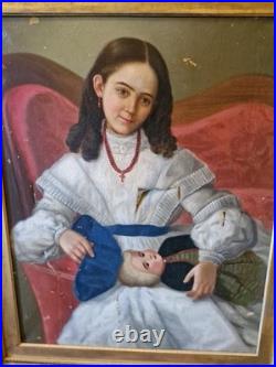 Peinture Ancienne, Huile Sur Toile Enfant Et sa Poupée XIX Ème S Peinture Ancienne, Huile Sur Toile Enfant Et sa Poupée XIX Ème S