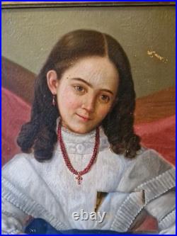 Peinture Ancienne, Huile Sur Toile Enfant Et sa Poupée XIX Ème S