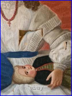 Peinture Ancienne, Huile Sur Toile Enfant Et sa Poupée XIX Ème S