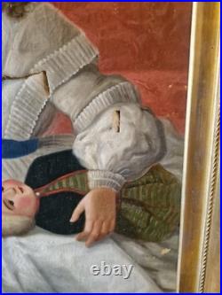 Peinture Ancienne, Huile Sur Toile Enfant Et sa Poupée XIX Ème S
