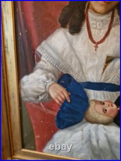 Peinture Ancienne, Huile Sur Toile Enfant Et sa Poupée XIX Ème S