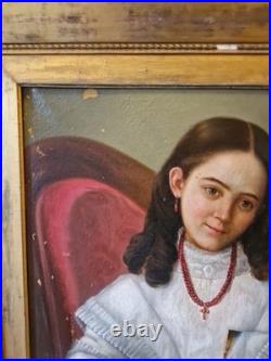 Peinture Ancienne, Huile Sur Toile Enfant Et sa Poupée XIX Ème S
