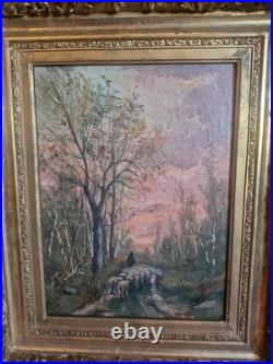 Peinture Ancienne, Huile Sur Toile Représentant Des Moutons XIX Ème S Cadre Doré