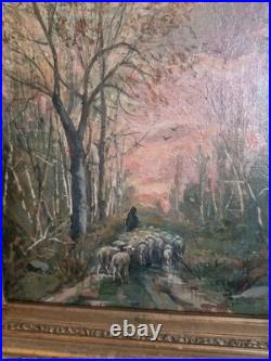 Peinture Ancienne, Huile Sur Toile Représentant Des Moutons XIX Ème S Cadre Doré