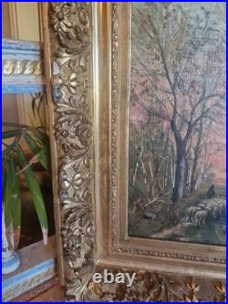 Peinture Ancienne, Huile Sur Toile Représentant Des Moutons XIX Ème S Cadre Doré