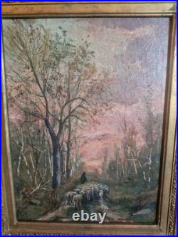 Peinture Ancienne, Huile Sur Toile Représentant Des Moutons XIX Ème S Cadre Doré