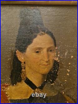 Peinture Ancienne Huile Sur Toile Représentant Un Portrait De Femme XIX Ème S