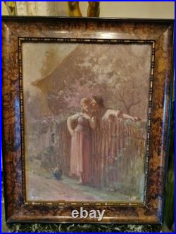 Peinture Ancienne, Huile Sur Toile Scène Romantique Signée