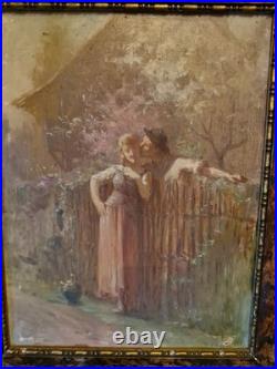 Peinture Ancienne, Huile Sur Toile Scène Romantique Signée