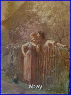 Peinture Ancienne, Huile Sur Toile Scène Romantique Signée
