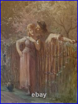 Peinture Ancienne, Huile Sur Toile Scène Romantique Signée