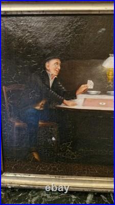 Peinture Ancienne Huile Sur Toile Signée Joueurs De Carte