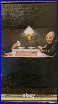 Peinture Ancienne Huile Sur Toile Signée Joueurs De Carte