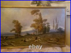Peinture Ancienne, Huile Sur Toile Signée Représentant Un Troupeau De Moutons