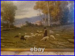 Peinture Ancienne, Huile Sur Toile Signée Représentant Un Troupeau De Moutons