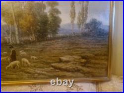 Peinture Ancienne, Huile Sur Toile Signée Représentant Un Troupeau De Moutons