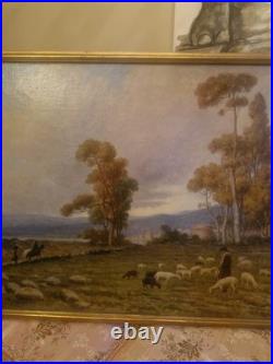 Peinture Ancienne, Huile Sur Toile Signée Représentant Un Troupeau De Moutons
