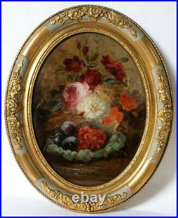 Peinture Ancienne Huile XIXème, Bouquet de Fleurs, Nature Morte, Raisin, Fruits
