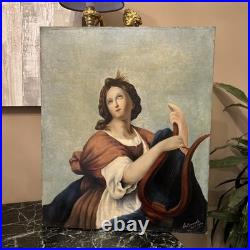 Peinture Ancienne Représentant Une Femme À La Lyre, XIX Eme, Huile Sur Toile
