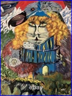 Peinture Huile Panneau Chat Botté Dodo Surréaliste Surréalisme 1970 Ancien Art