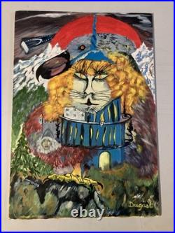 Peinture Huile Panneau Chat Botté Dodo Surréaliste Surréalisme 1970 Ancien Art