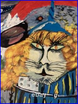 Peinture Huile Panneau Chat Botté Dodo Surréaliste Surréalisme 1970 Ancien Art