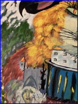Peinture Huile Panneau Chat Botté Dodo Surréaliste Surréalisme 1970 Ancien Art