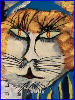 Peinture Huile Panneau Chat Botté Dodo Surréaliste Surréalisme 1970 Ancien Art