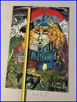 Peinture Huile Panneau Chat Botté Dodo Surréaliste Surréalisme 1970 Ancien Art