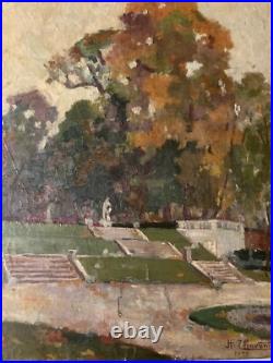 Peinture Huile Sur Toile JF Thevenin Statue Jardin Sculpture Arbre 1920 Art
