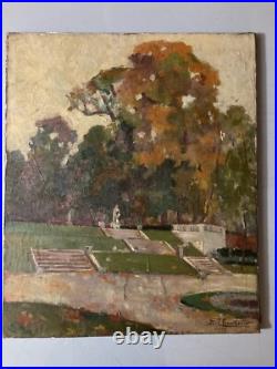 Peinture Huile Sur Toile JF Thevenin Statue Jardin Sculpture Arbre 1920 Art