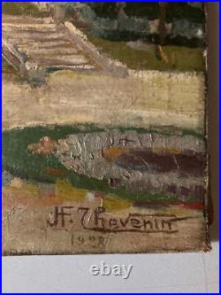 Peinture Huile Sur Toile JF Thevenin Statue Jardin Sculpture Arbre 1920 Art