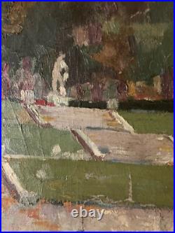 Peinture Huile Sur Toile JF Thevenin Statue Jardin Sculpture Arbre 1920 Art