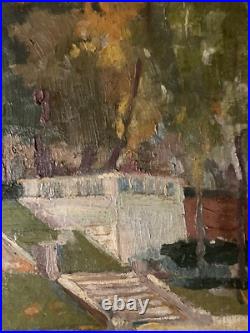 Peinture Huile Sur Toile JF Thevenin Statue Jardin Sculpture Arbre 1920 Art