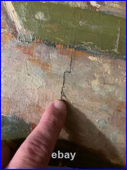 Peinture Huile Sur Toile JF Thevenin Statue Jardin Sculpture Arbre 1920 Art