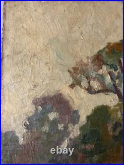 Peinture Huile Sur Toile JF Thevenin Statue Jardin Sculpture Arbre 1920 Art