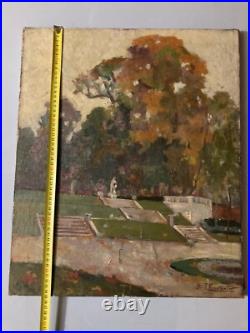 Peinture Huile Sur Toile JF Thevenin Statue Jardin Sculpture Arbre 1920 Art