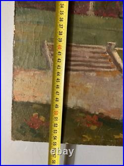 Peinture Huile Sur Toile JF Thevenin Statue Jardin Sculpture Arbre 1920 Art