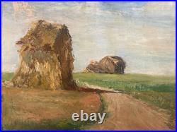 Peinture Huile Sur Toile Montagne Paille Foin Champ Paysan 1950 À Identifier Art